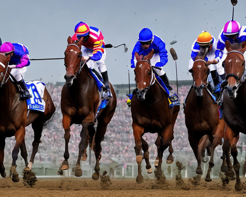 Colorful Attired Jockeys Race Thoroughbred Horses on Dirt Track