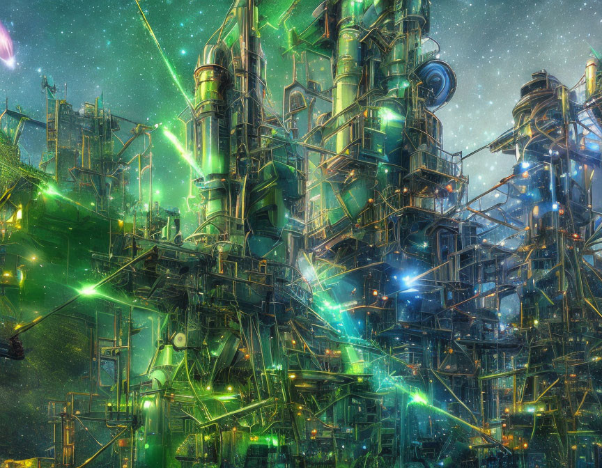 Futuristic sci-fi cityscape with towering structures and glowing lights