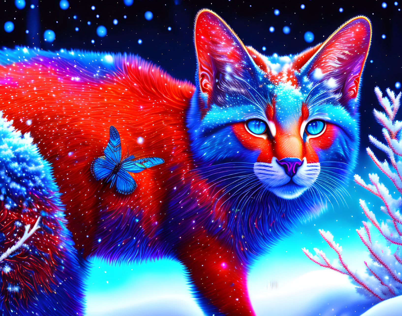 Colorful digital artwork featuring a red and blue cat with intense eyes in a snowy setting, with a