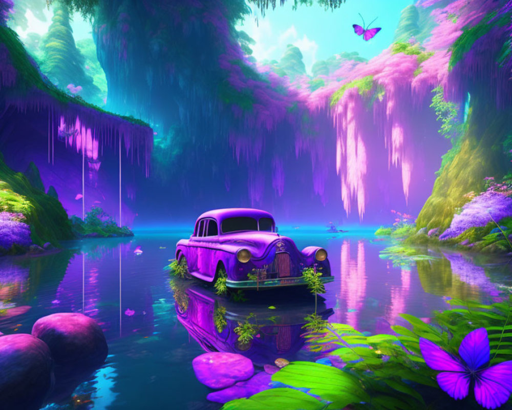 Fantasy landscape with vintage car, pink trees, water, and butterfly