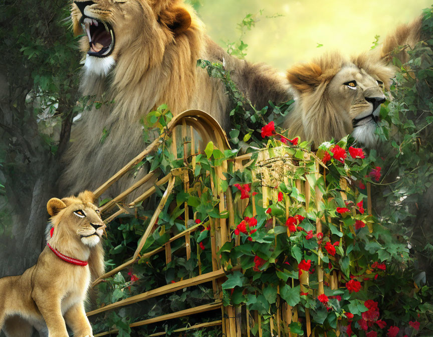 Three lions in different moods with lush backdrop and wooden structure