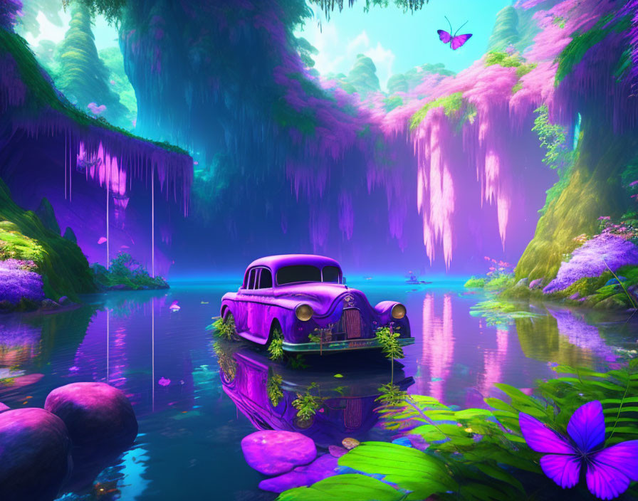 Fantasy landscape with vintage car, pink trees, water, and butterfly