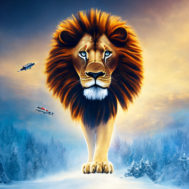 Majestic lion with voluminous mane in snowy landscape with spaceships