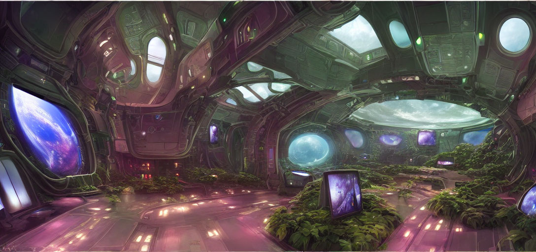 Futuristic spacecraft interior with green plants and cosmic views