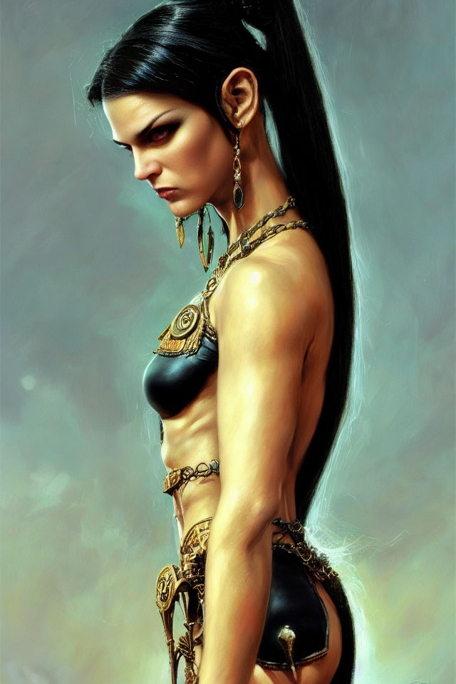 Female with Dark Hair in Elfin Ears & Gold Armor: Strong & Mysterious