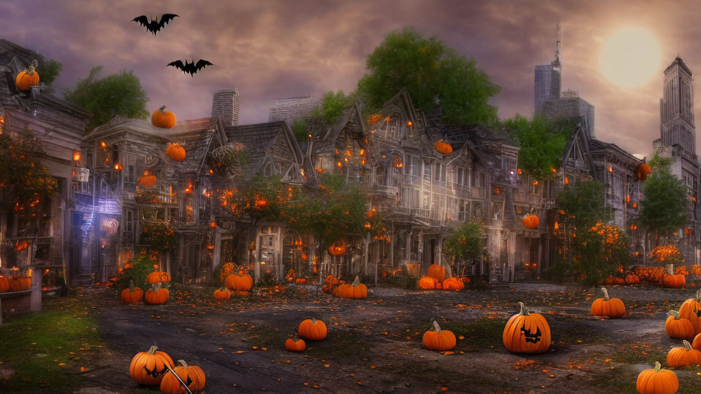 Dark Halloween street with carved pumpkins, bats, old houses, full moon