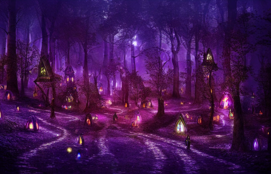 Enchanting mystical forest with colorful lantern lights and purple haze