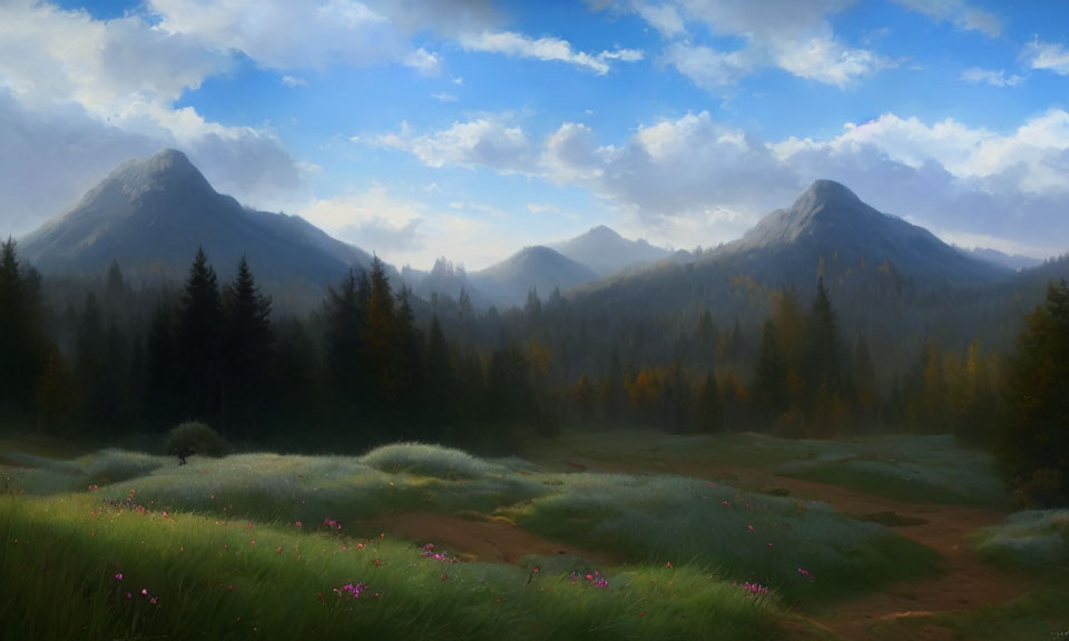 Tranquil landscape with misty mountains, forest, meadow, and blooming flowers