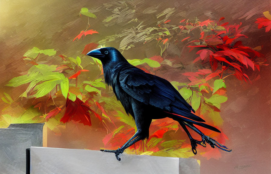 Black crow on gray ledge with autumn leaves background