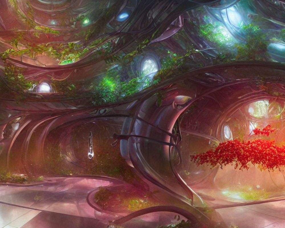 Fantastical organic interior with glowing orbs and crimson tree.