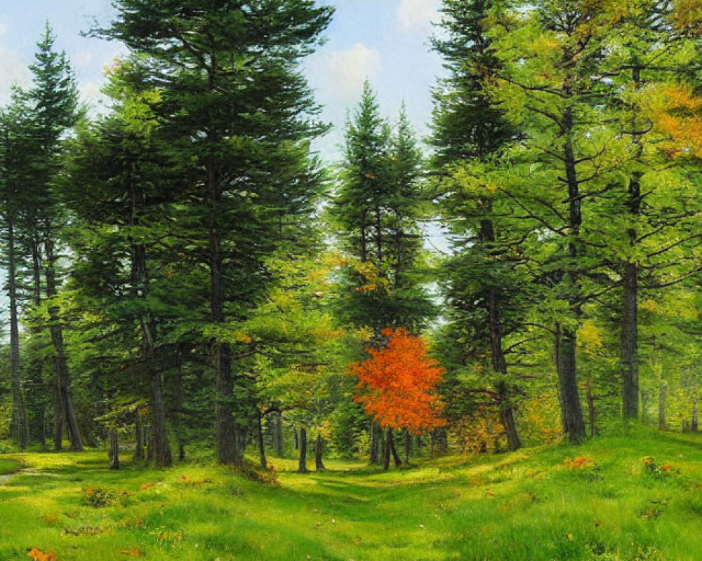 Tranquil forest scene with mix of trees and autumn colors on clear trail