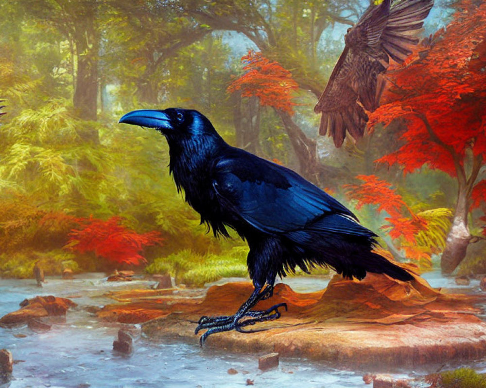 Colorful painting of raven in forest with river and flying bird