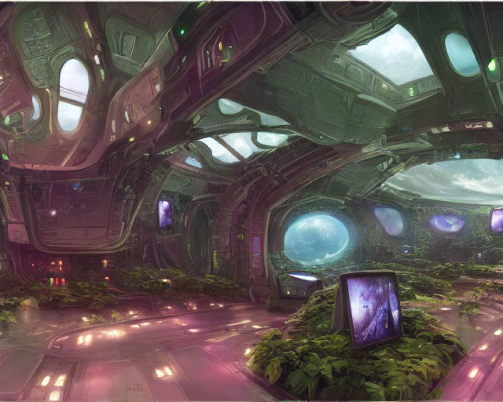 Futuristic spacecraft interior with green plants and cosmic views