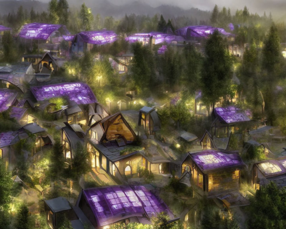 Futuristic village with glowing purple roofs in forest setting