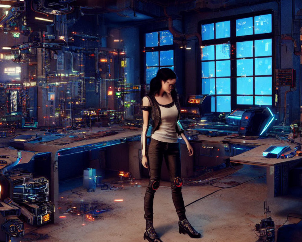 Futuristic room with woman and neon cityscape view