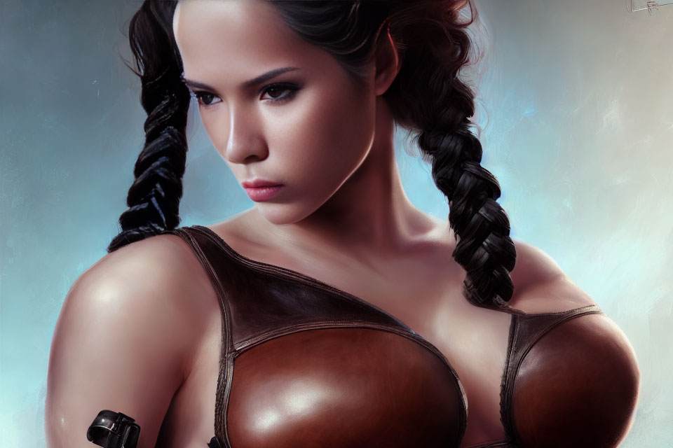 Close-Up Portrait of Woman with Braided Pigtails in Brown Leather Armor