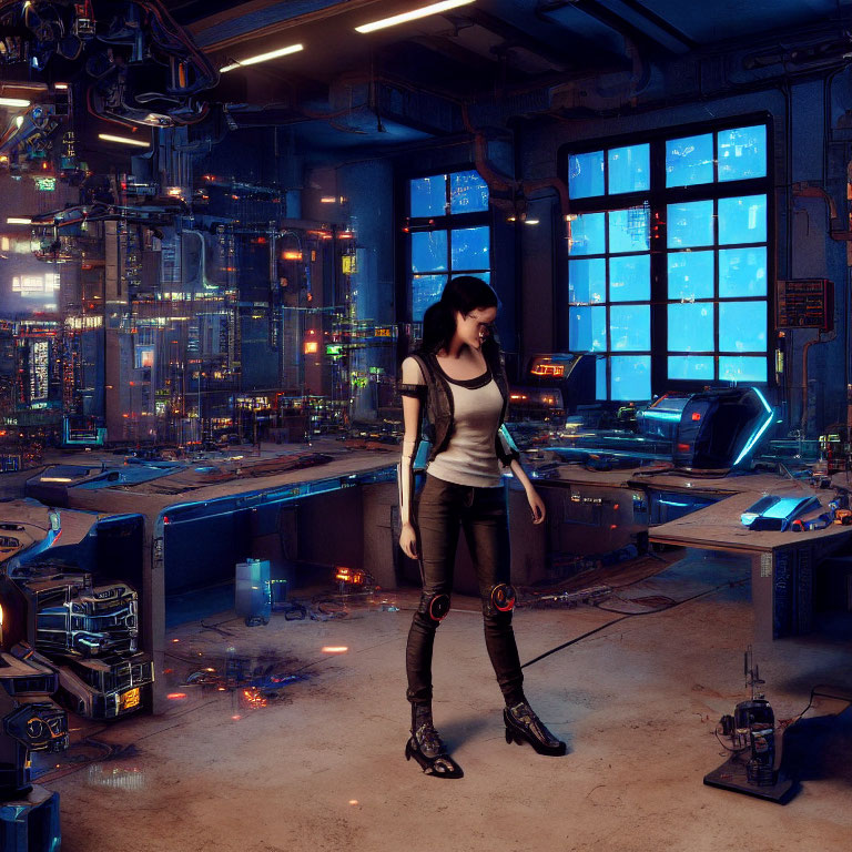 Futuristic room with woman and neon cityscape view