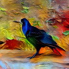 Black crow on gray ledge with autumn leaves background