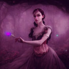 Illustrated female character in purple forest with glowing orb and jewel-like accents