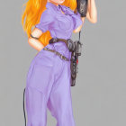 Illustration of woman with orange hair in purple jumpsuit and robotic limbs.