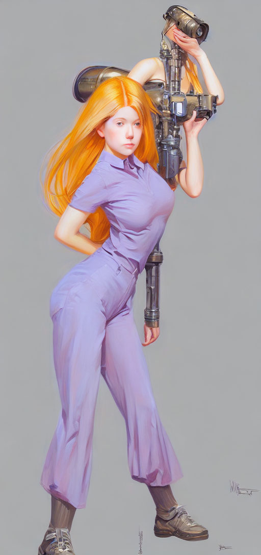 Illustration of woman with orange hair in purple jumpsuit and robotic limbs.