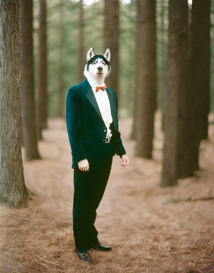 Siberian Husky Head on Human Body in Green Blazer, Black Pants, Red Bow Tie