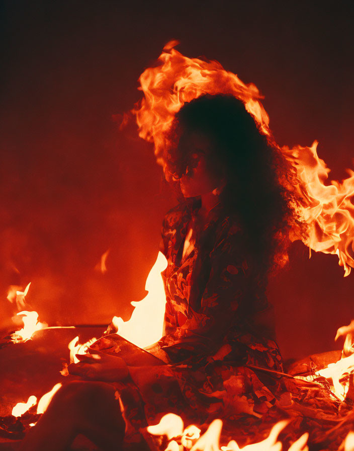 Silhouetted woman surrounded by flames in dramatic scene