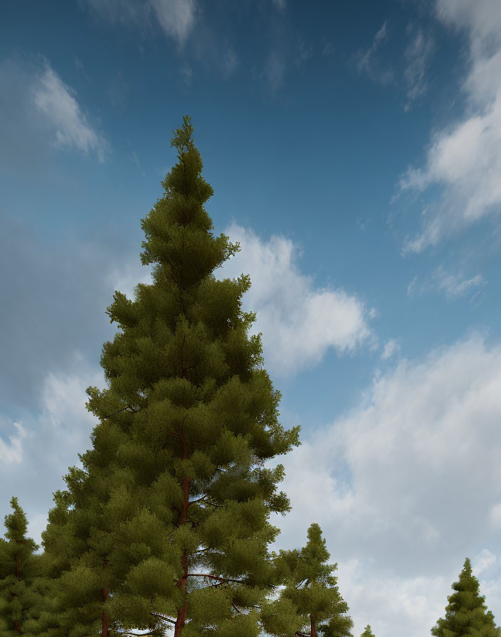 Tall Pine Tree under Partly Cloudy Sky