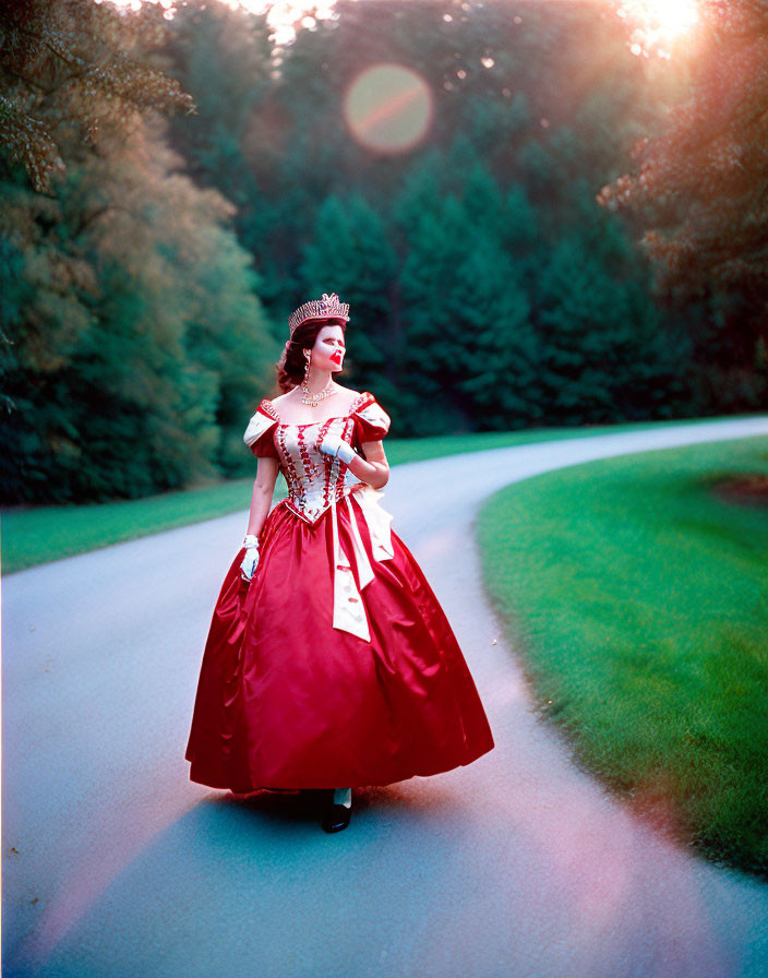 Woman in red and white period dress with tiara walking in lush green park