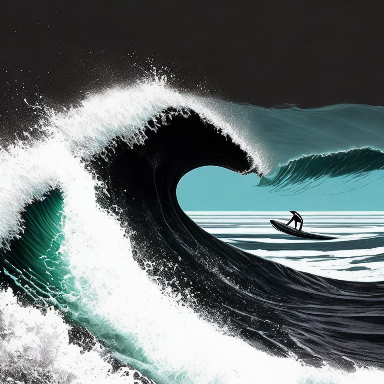 Surfer riding large wave under dramatic sky