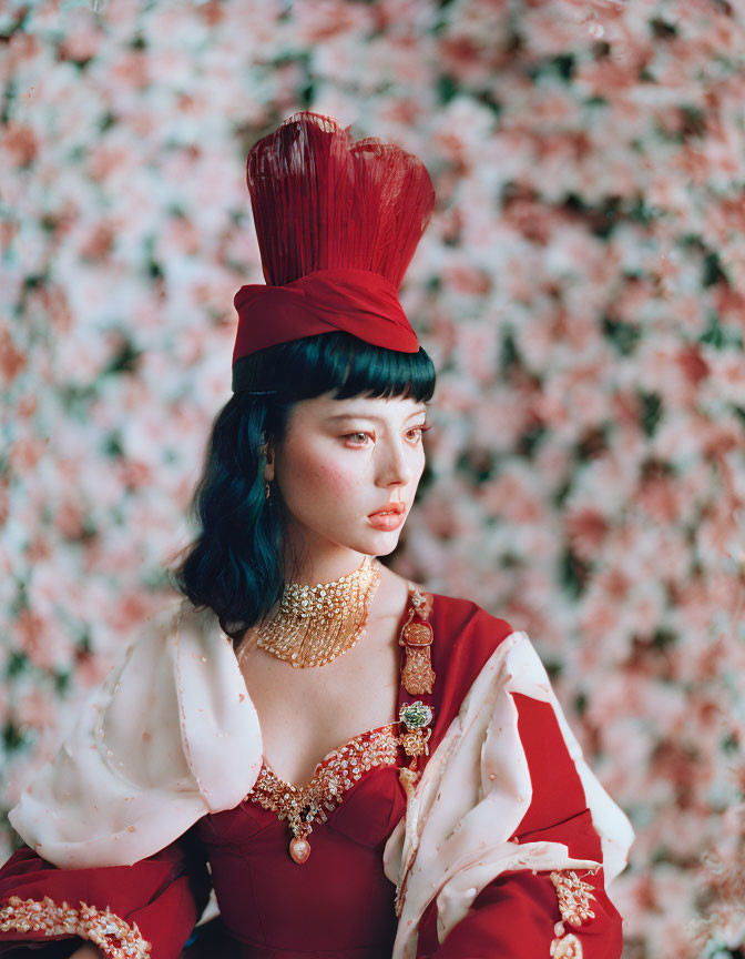 Traditional Outfit Woman with Unique Headdress on Floral Background