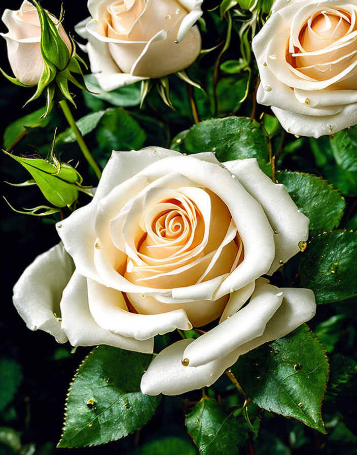 White Rose Close-Up with Soft Petals and Green Leaves