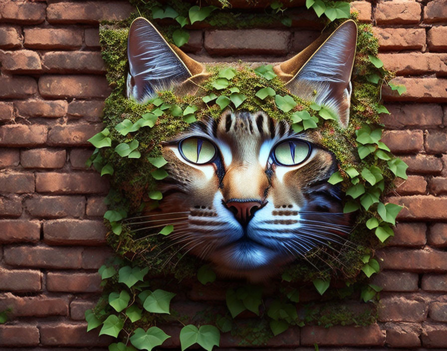 Surreal large cat's face in square hole with ivy