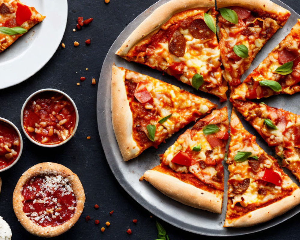 Pepperoni pizza slices with basil leaves, sauces, and spices on dark background