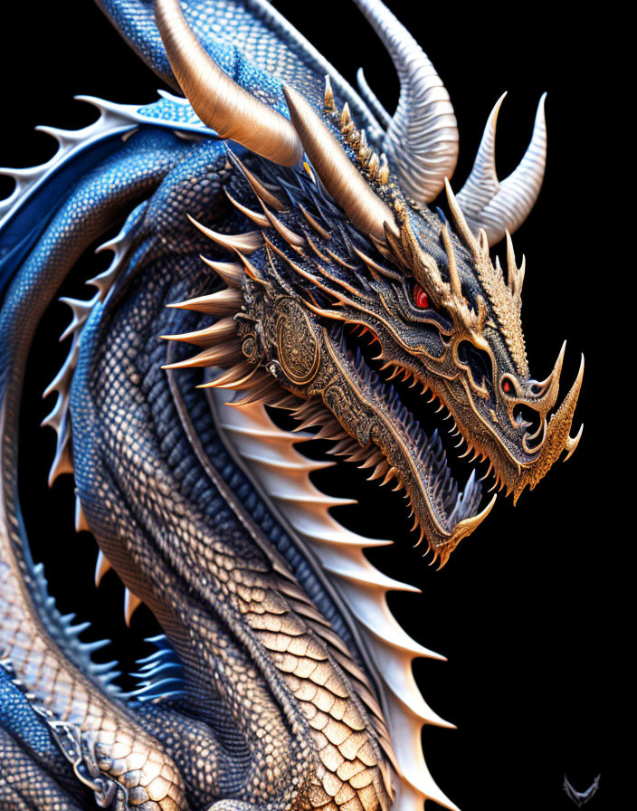 Detailed digital illustration of blue dragon with sharp horns and red eyes on black background