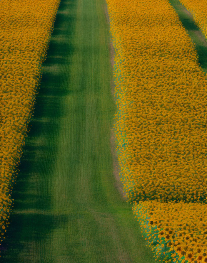 Aerial view of vibrant sunflower fields with green pathway