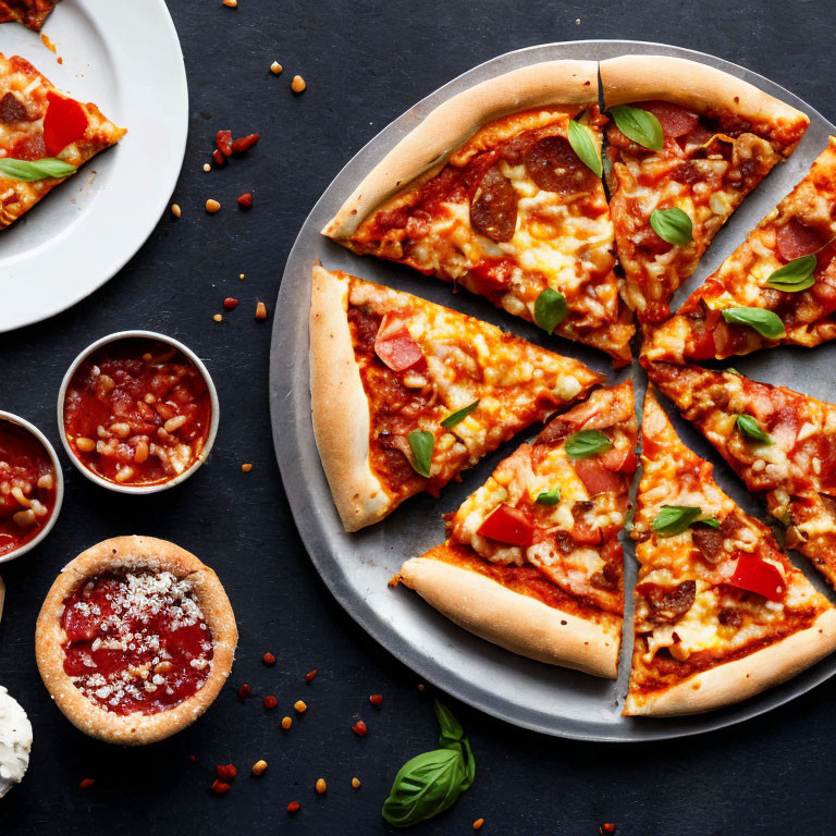 Pepperoni pizza slices with basil leaves, sauces, and spices on dark background