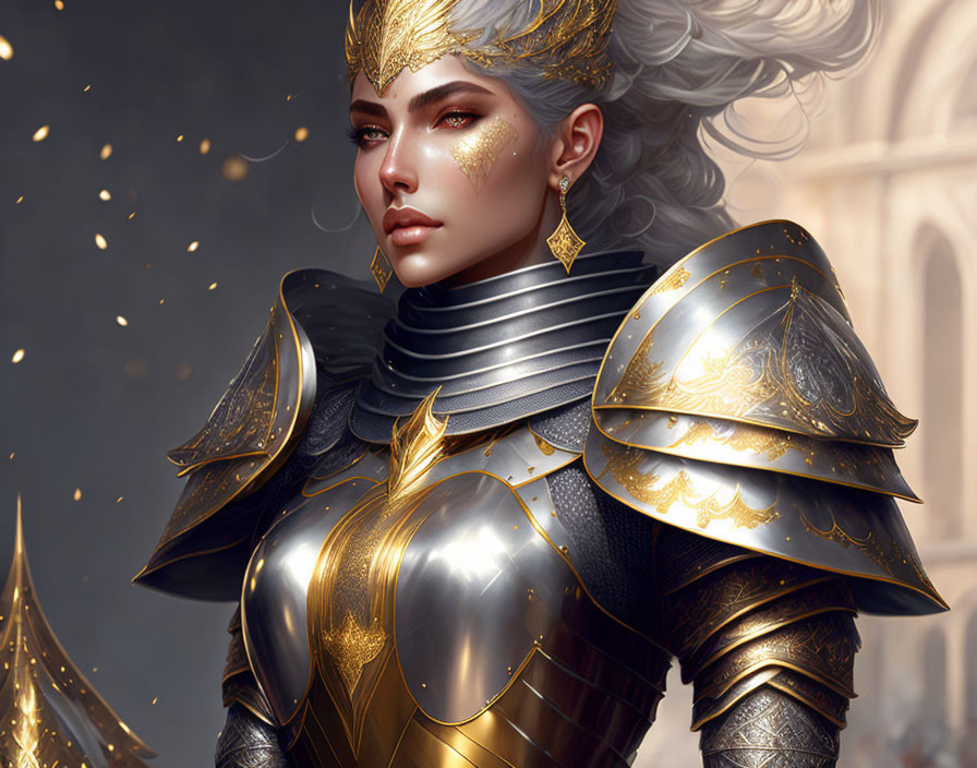 Silver-white haired female warrior in golden-trimmed armor at palace