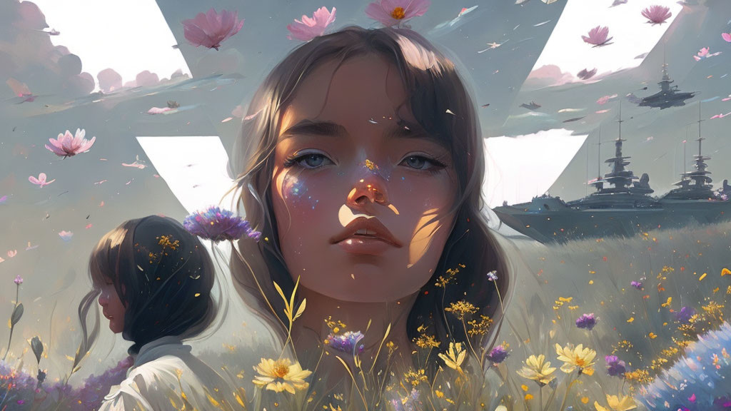 Portrait of girl with flower face in wildflower field with battleships and figure.