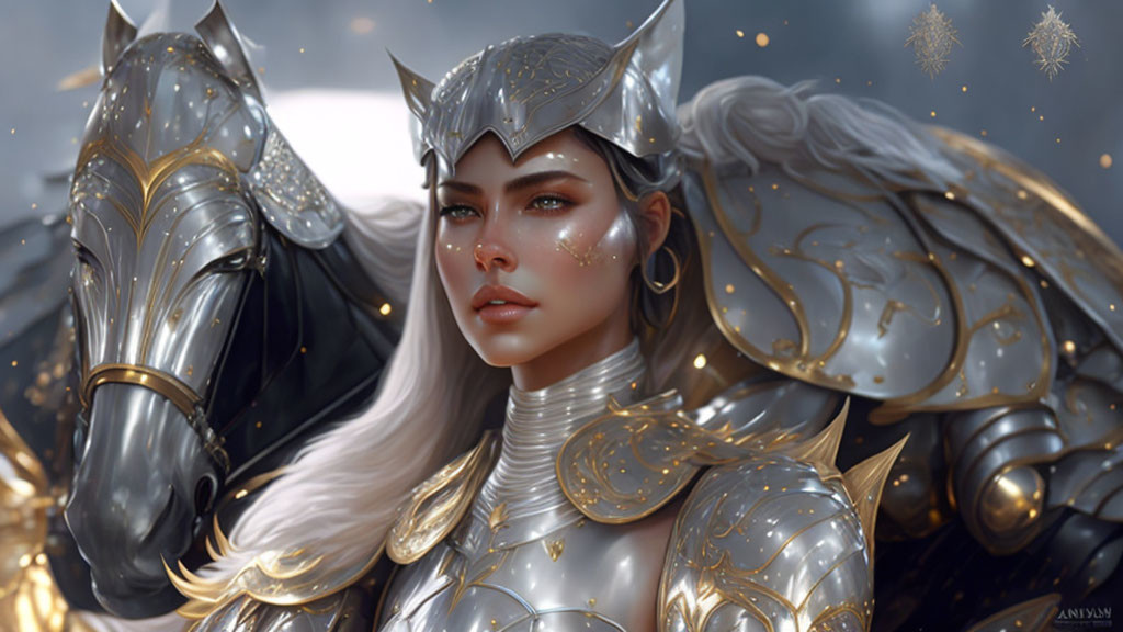 Woman in ornate silver armor with winged helmet and armored horse exudes noble aura