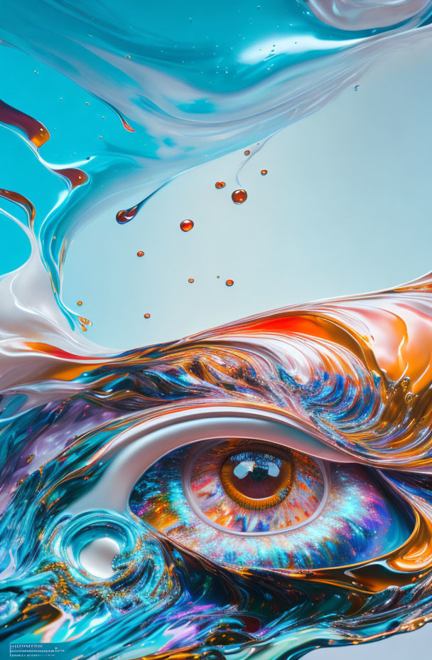 Vibrant abstract art: hyperrealistic eye in swirling liquid patterns