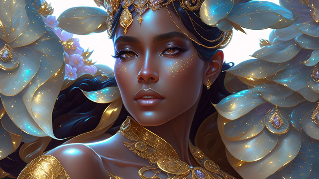 Ethereal woman portrait with golden jewelry and blue petals.