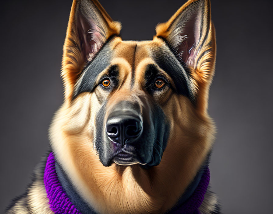 German Shepherd in Purple Scarf on Grey Background