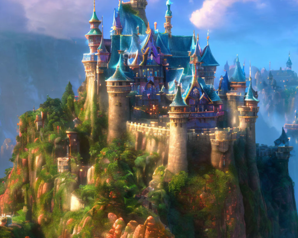 Majestic castle on lush hill with sunlit spires in dreamy forest landscape