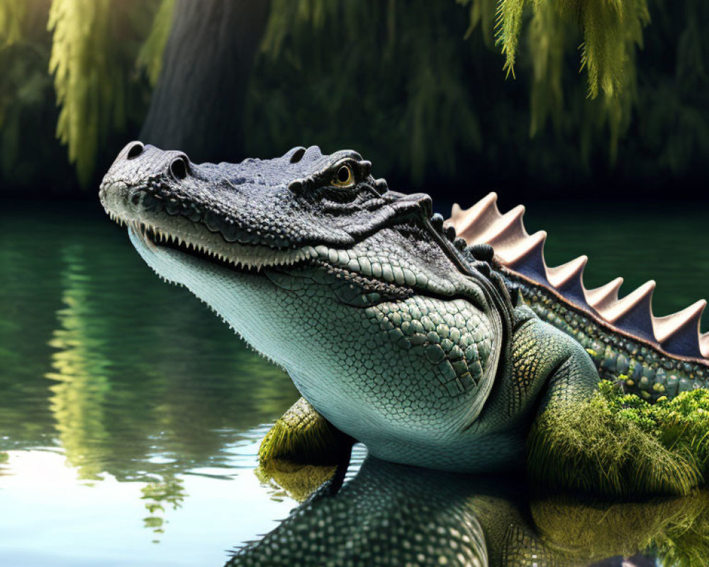 Close-Up of Resting Alligator by Water with Lush Greenery