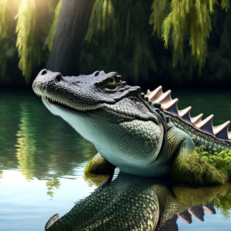 Close-Up of Resting Alligator by Water with Lush Greenery