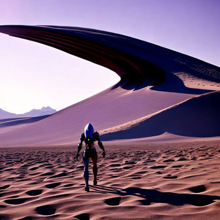 Astronaut walking on sandy desert with large dunes under purple sky