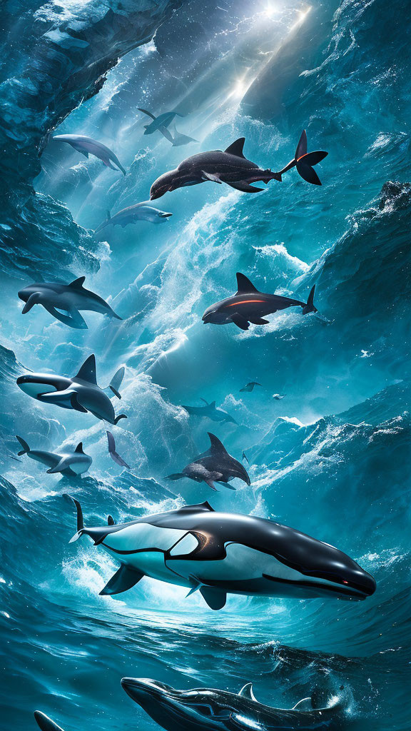 Pod of orcas swimming gracefully in dappled sunlight underwater