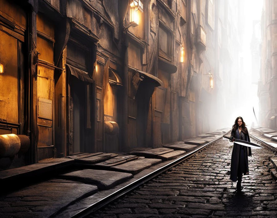 Person in misty cobbled street holding sword