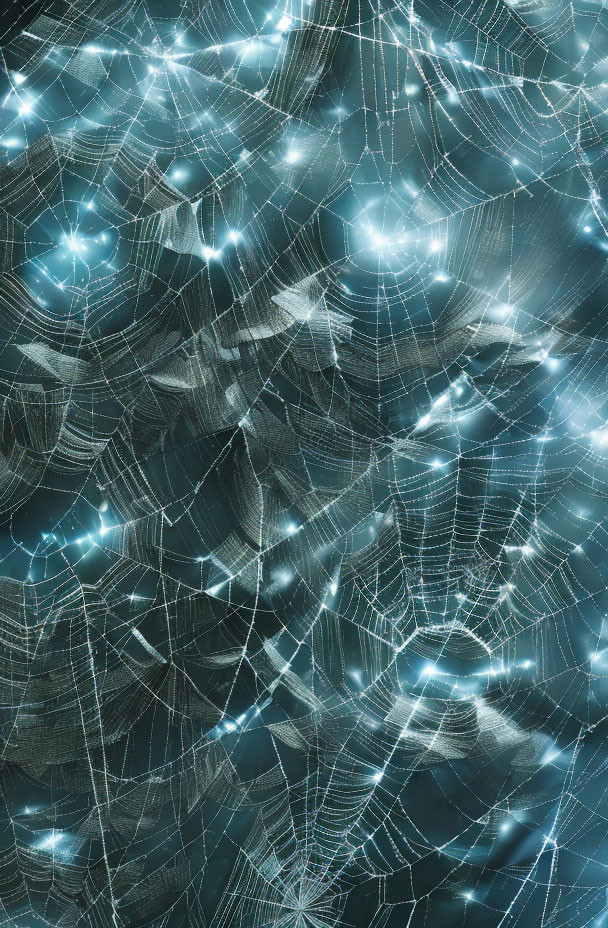 Intricate Spiderwebs Illuminated in Soft Blue Light